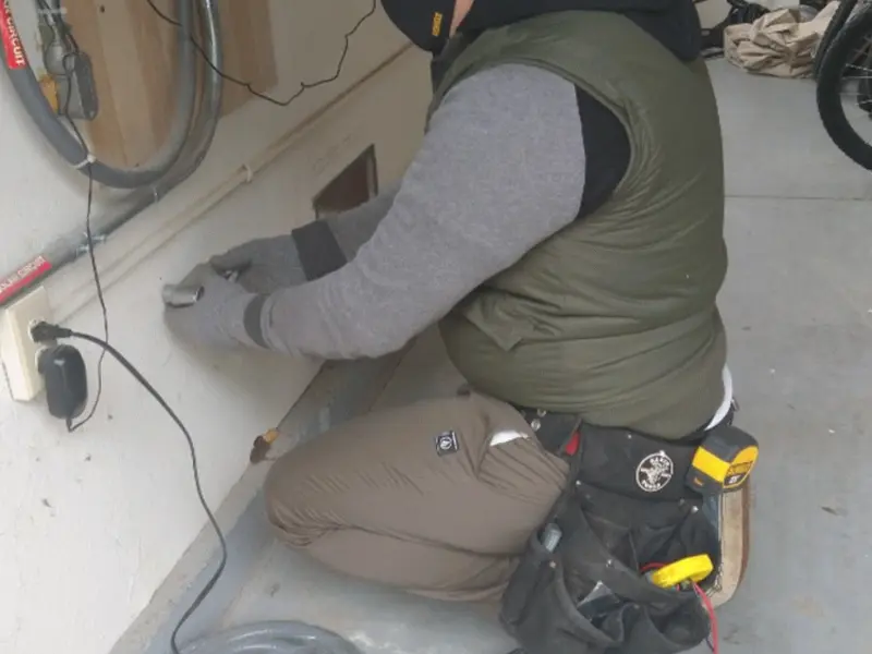 Electrician performing outlet wiring in a Oak Ridge garage